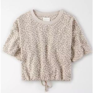 American Eagle Fleece Short Sleeve Cinched Sweatshirt Crop Top